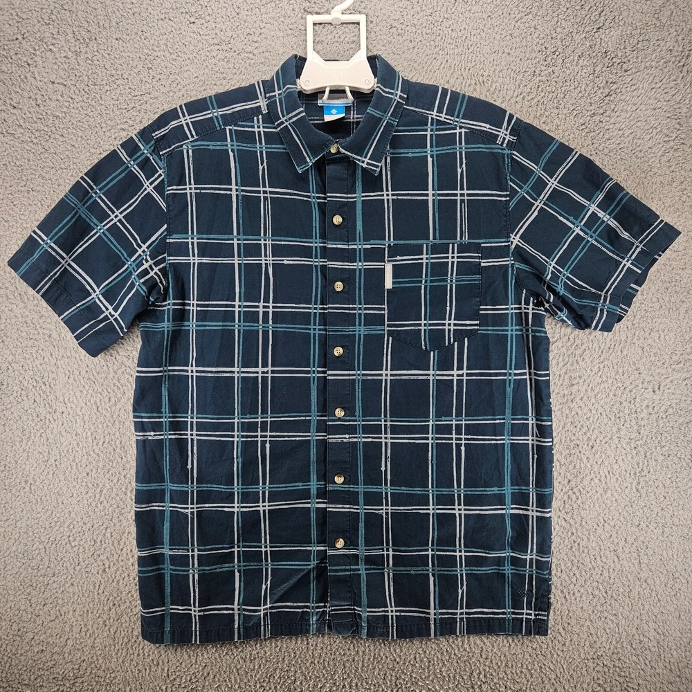 Columbia Mens Short Sleeve Button Down Plaid Shirt Navy Blue Teal Size L
